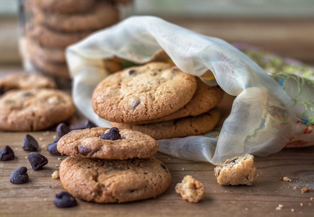Chocolate chip cookies on a wooden board